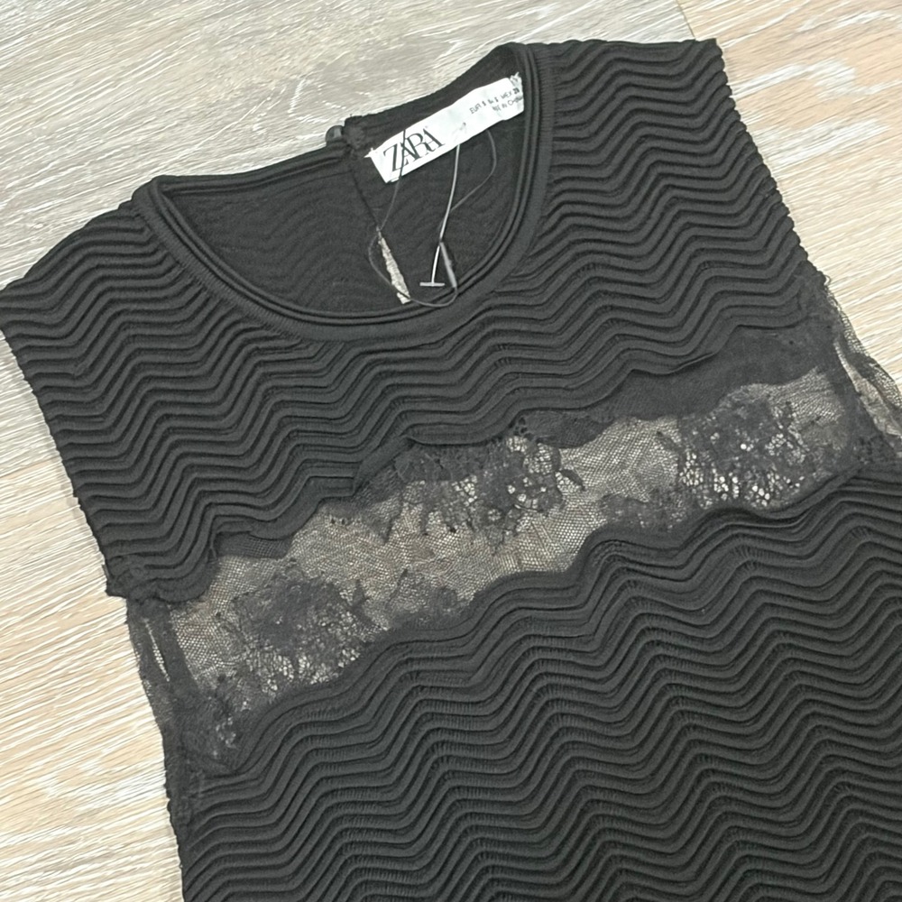 Zara Womens Black Lace Textured Chevron Knit Sleeveless Midi Dress Small